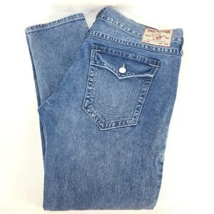 True Religion Rocco Relaxed Skinny Jeans Mens 42x31 Denim Whisker Faded Stretch